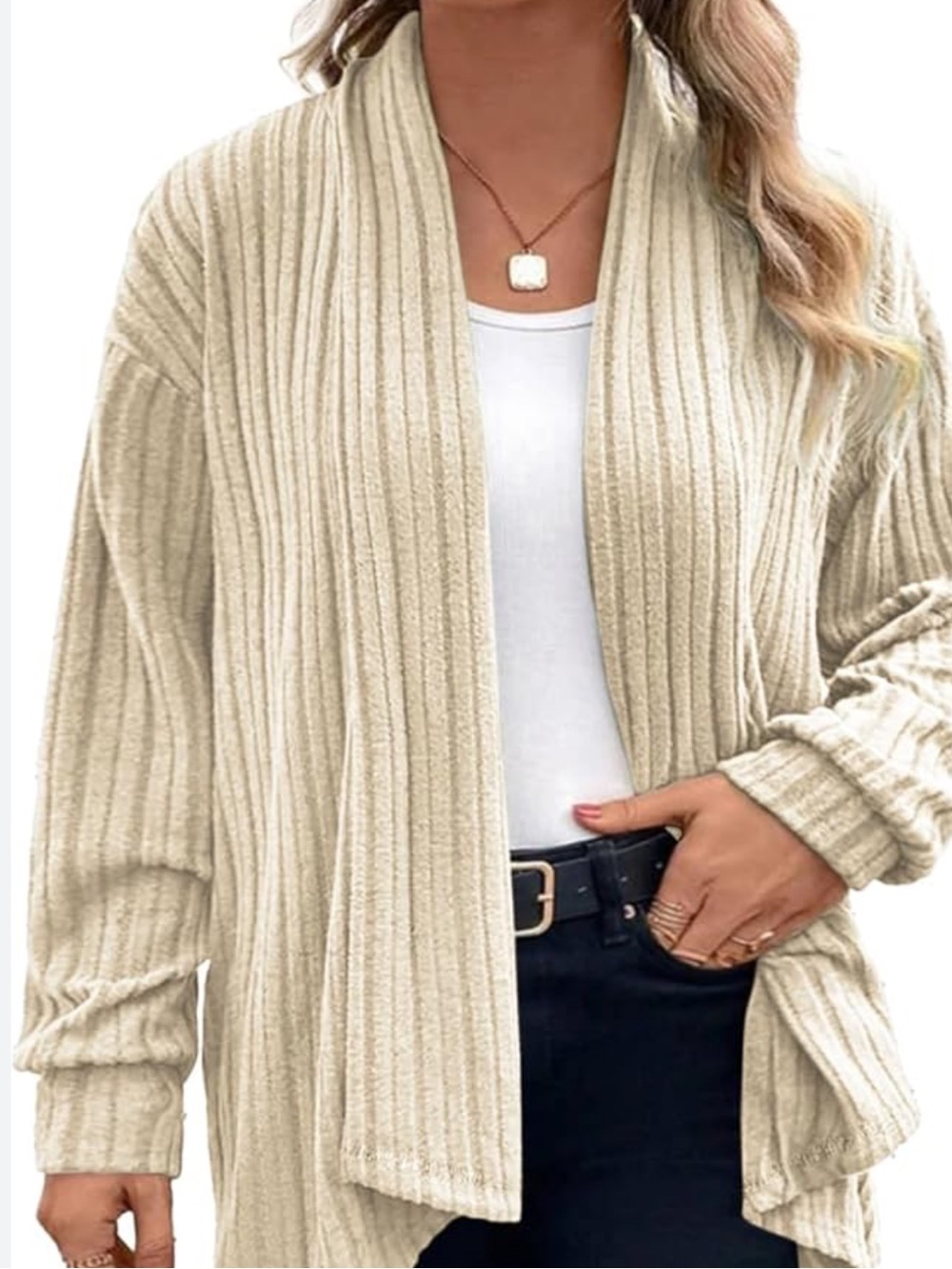 Open-Front Ribbed Cardigan Sweater - Neutral Taupe